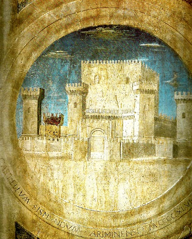 Piero della Francesca detail of the castle from st sigismund and sigismondo